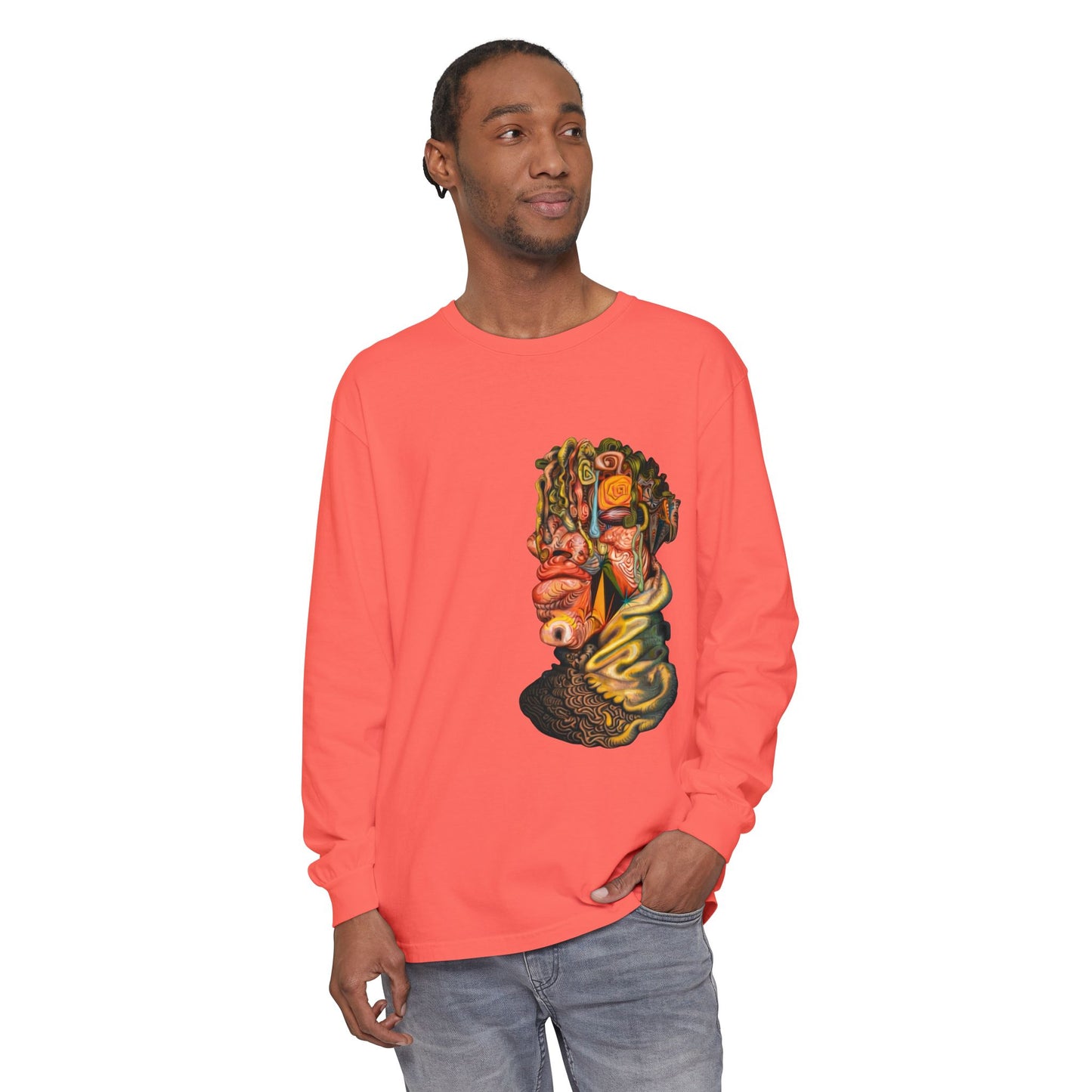 Mere Mortal Long Sleeve Tee — Surreal Collage Portrait Graphic