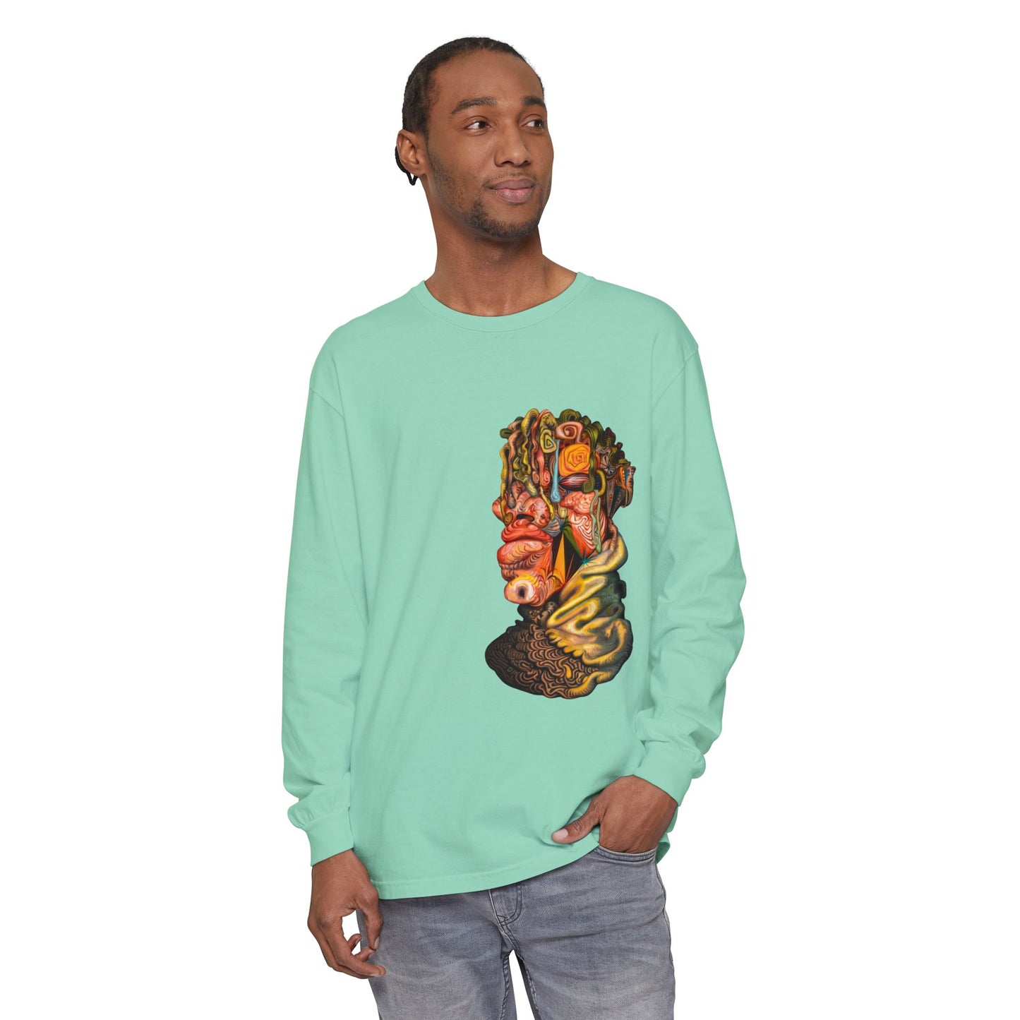Mere Mortal Long Sleeve Tee — Surreal Collage Portrait Graphic