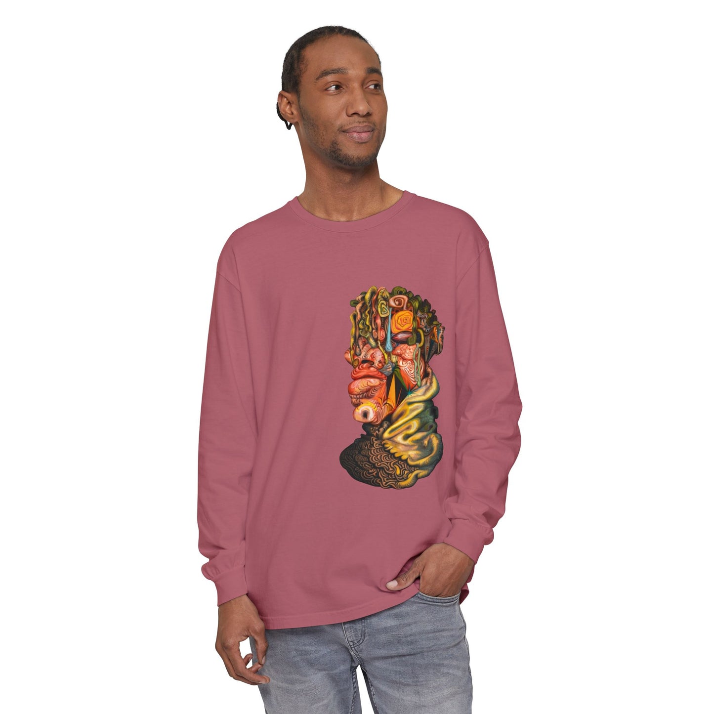 Mere Mortal Long Sleeve Tee — Surreal Collage Portrait Graphic