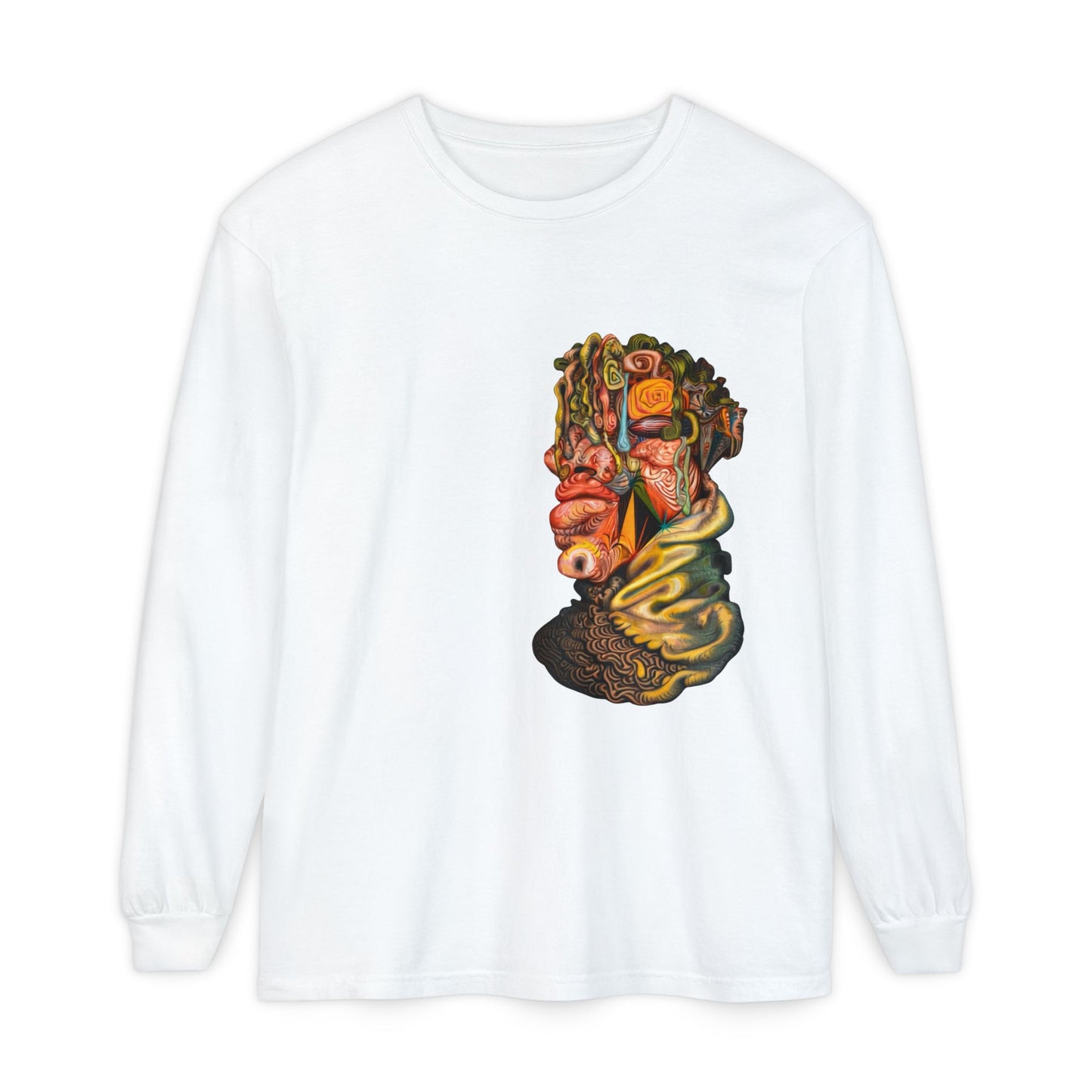 Mere Mortal Long Sleeve Tee — Surreal Collage Portrait Graphic