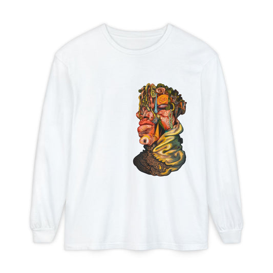 Mere Mortal Long Sleeve Tee — Surreal Collage Portrait Graphic