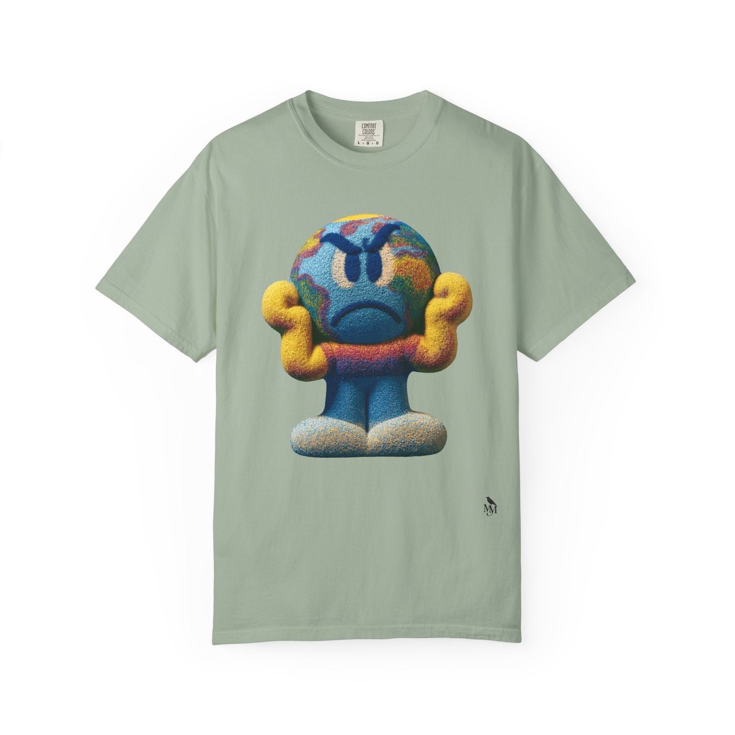 Graphic T-Shirt — Cartoon Earth Character Front & “We’re Really On Earth Just Doing Shit” Quote Back