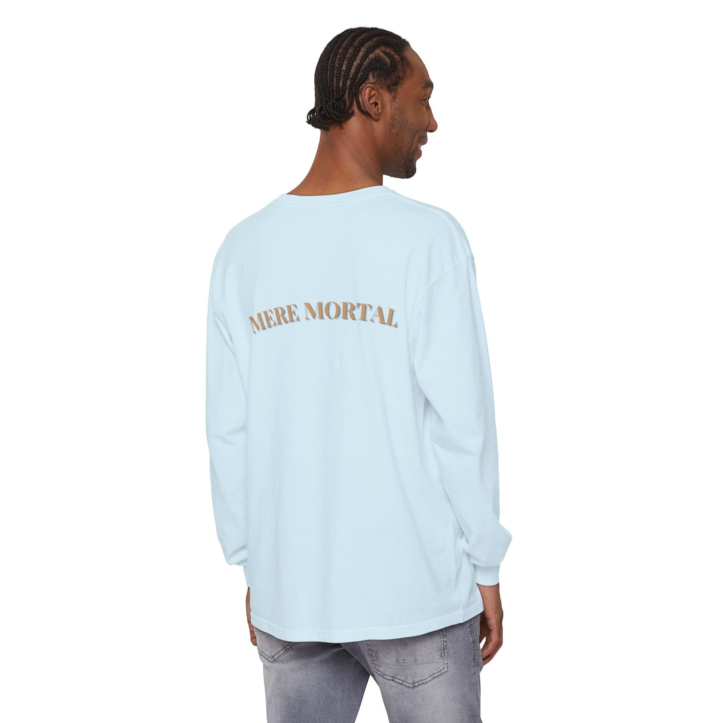 Mere Mortal Long Sleeve Tee — Surreal Collage Portrait Graphic