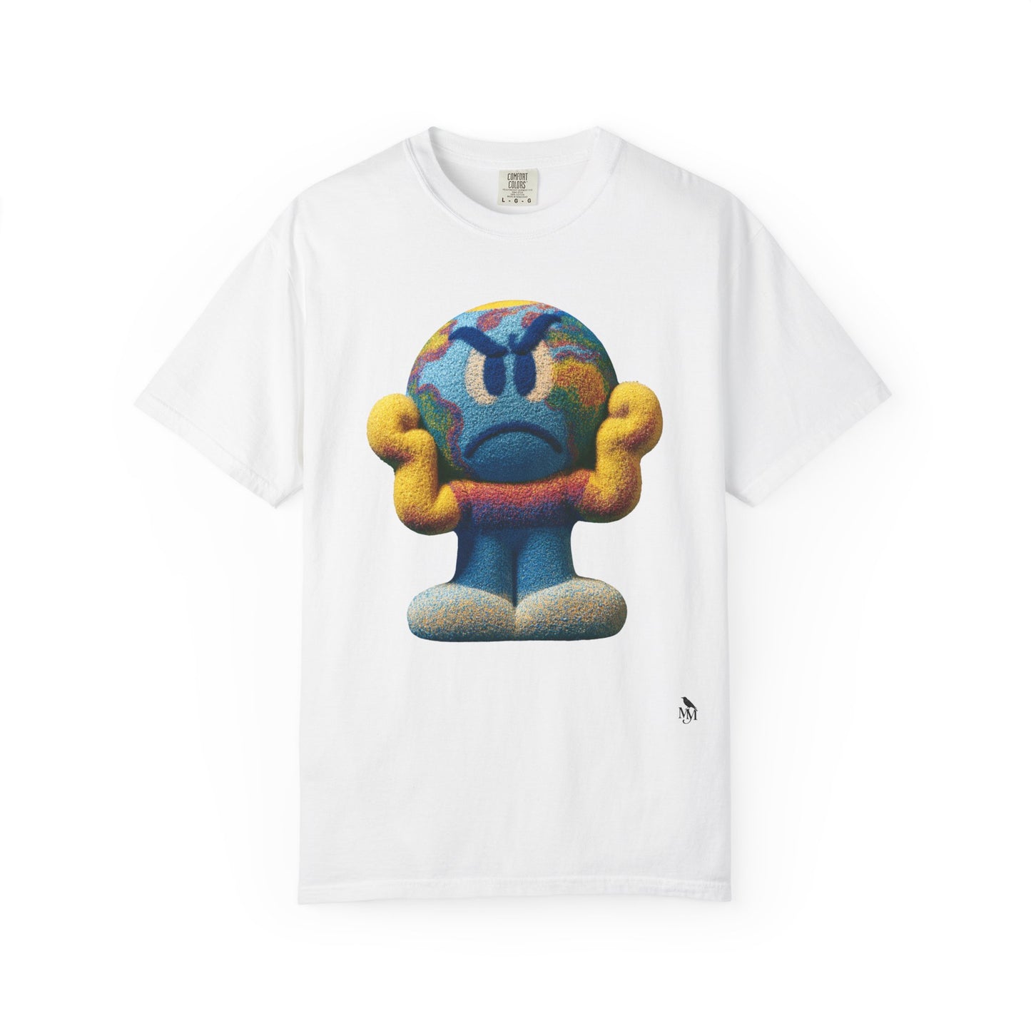 Graphic T-Shirt — Cartoon Earth Character Front & “We’re Really On Earth Just Doing Shit” Quote Back