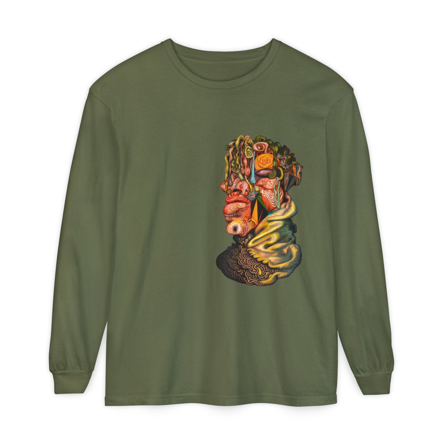 Mere Mortal Long Sleeve Tee — Surreal Collage Portrait Graphic