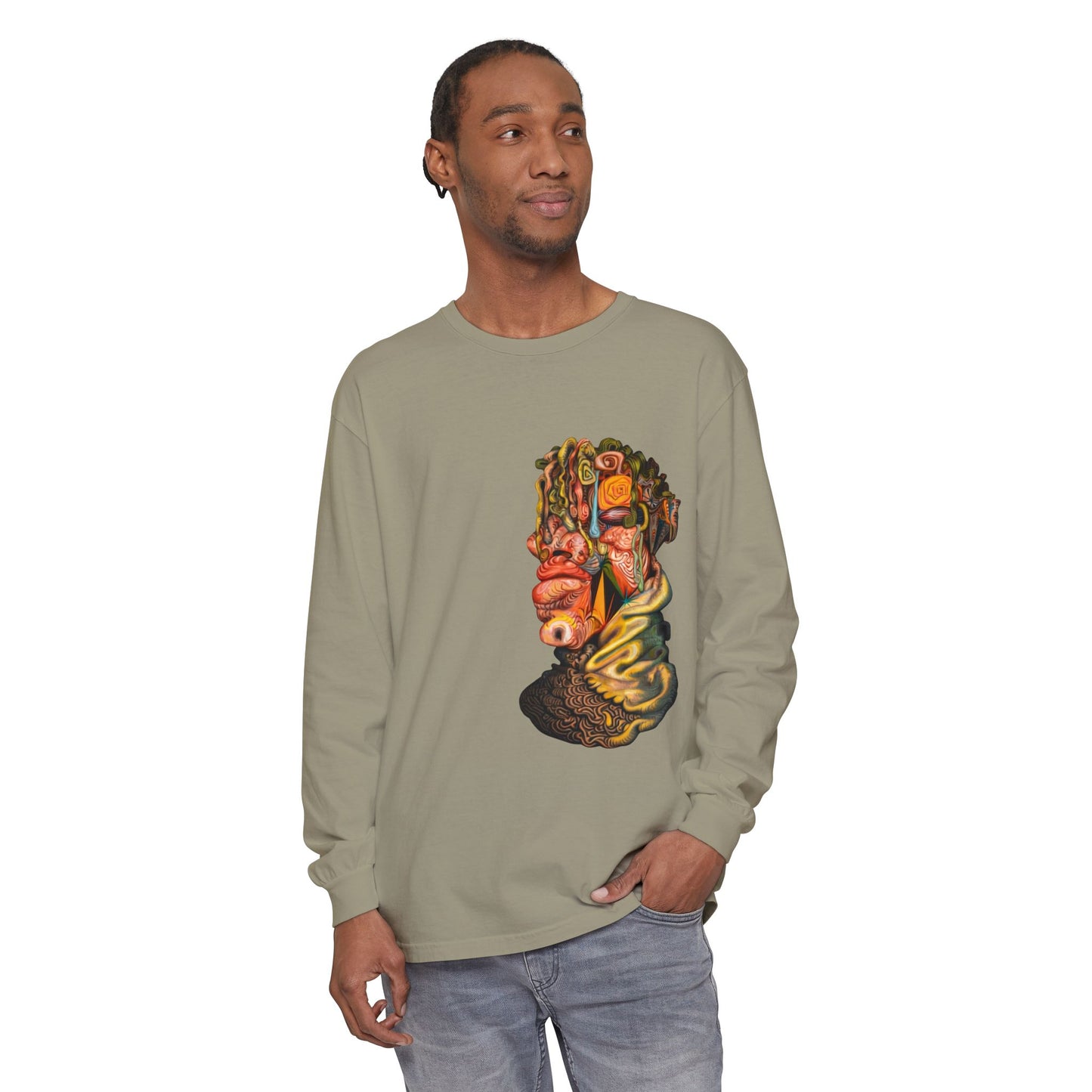 Mere Mortal Long Sleeve Tee — Surreal Collage Portrait Graphic