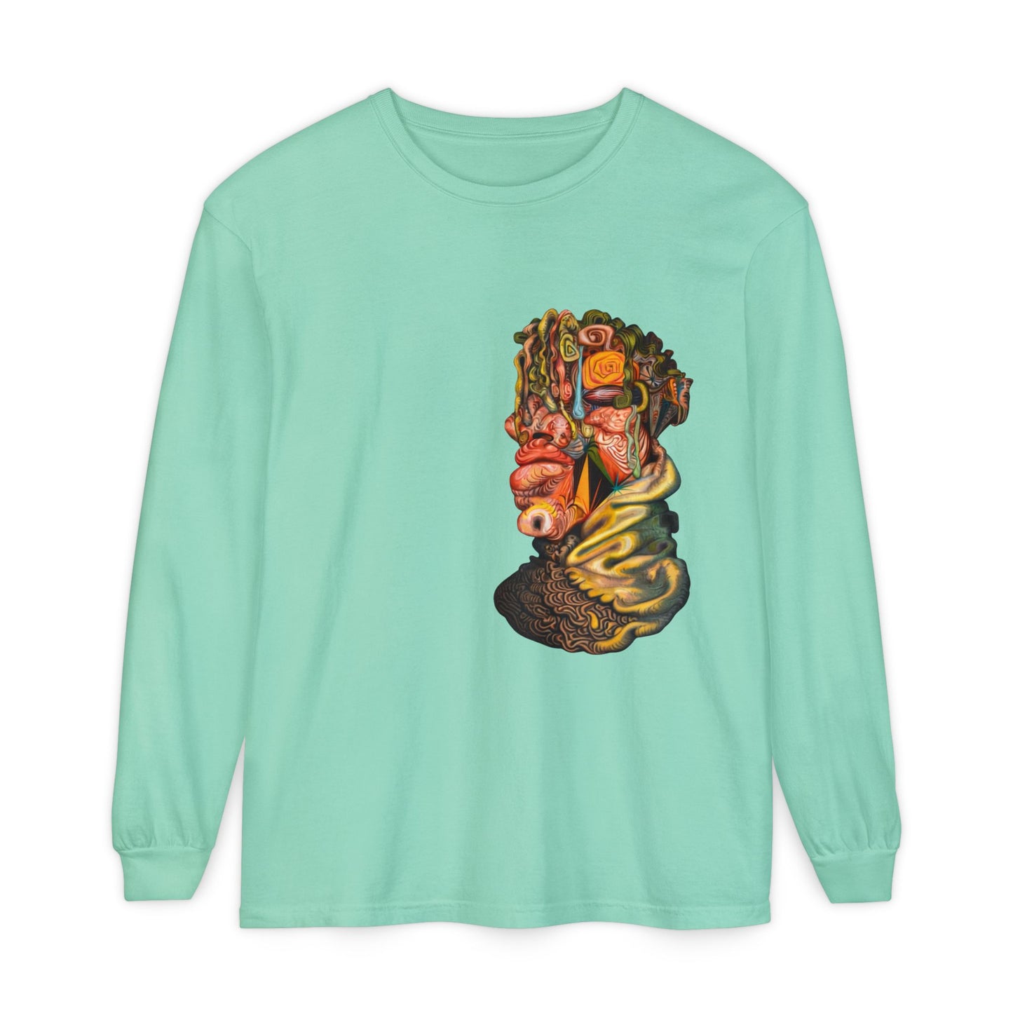 Mere Mortal Long Sleeve Tee — Surreal Collage Portrait Graphic