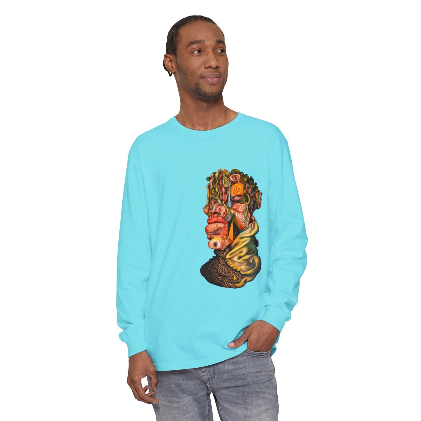 Mere Mortal Long Sleeve Tee — Surreal Collage Portrait Graphic