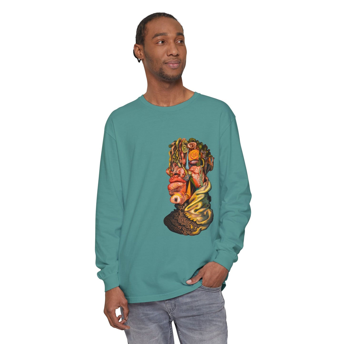 Mere Mortal Long Sleeve Tee — Surreal Collage Portrait Graphic