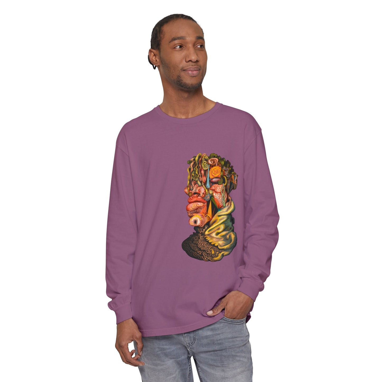 Mere Mortal Long Sleeve Tee — Surreal Collage Portrait Graphic