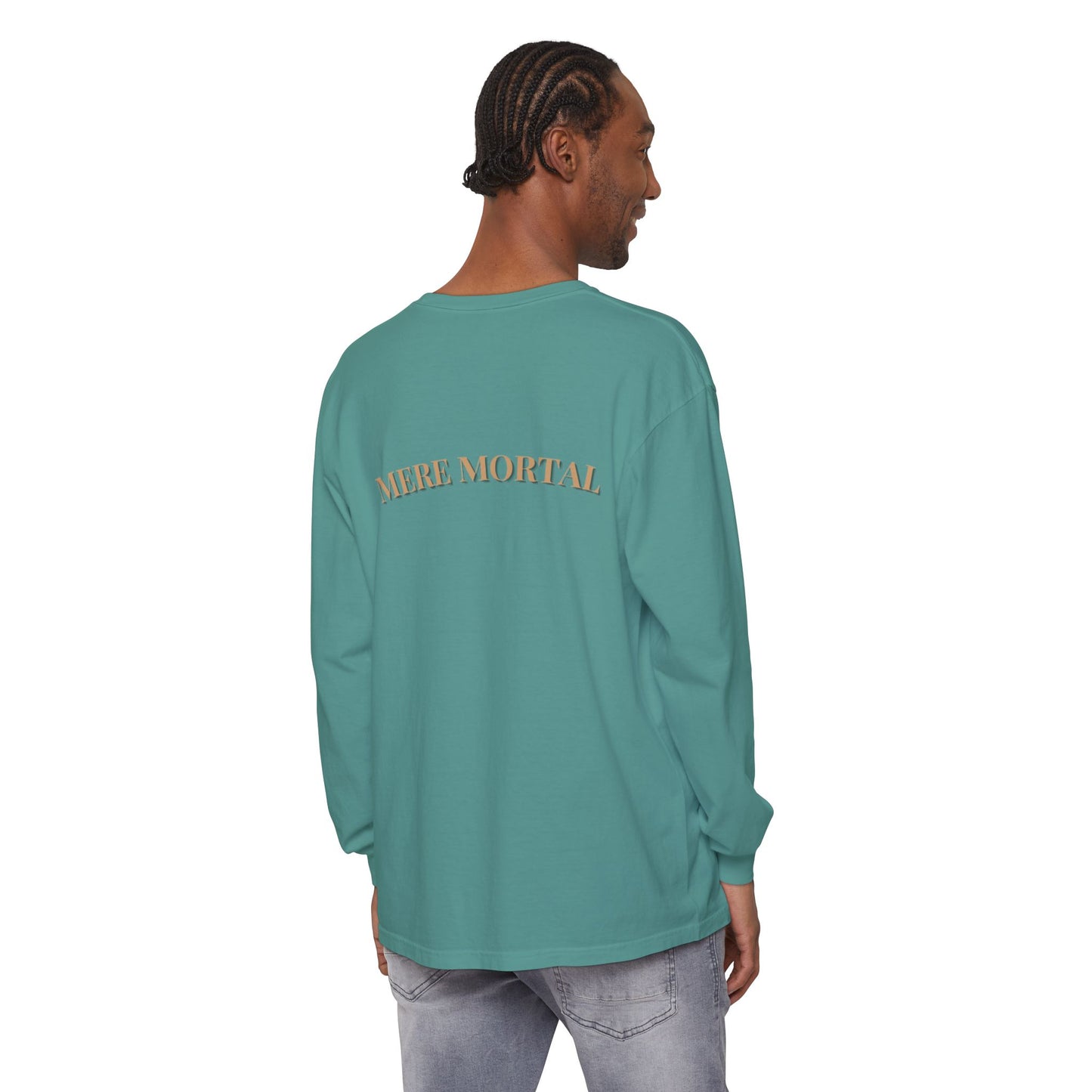 Mere Mortal Long Sleeve Tee — Surreal Collage Portrait Graphic