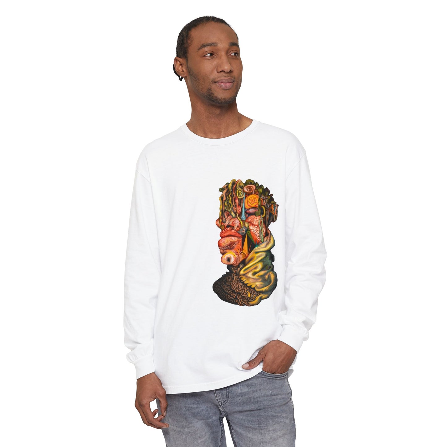Mere Mortal Long Sleeve Tee — Surreal Collage Portrait Graphic