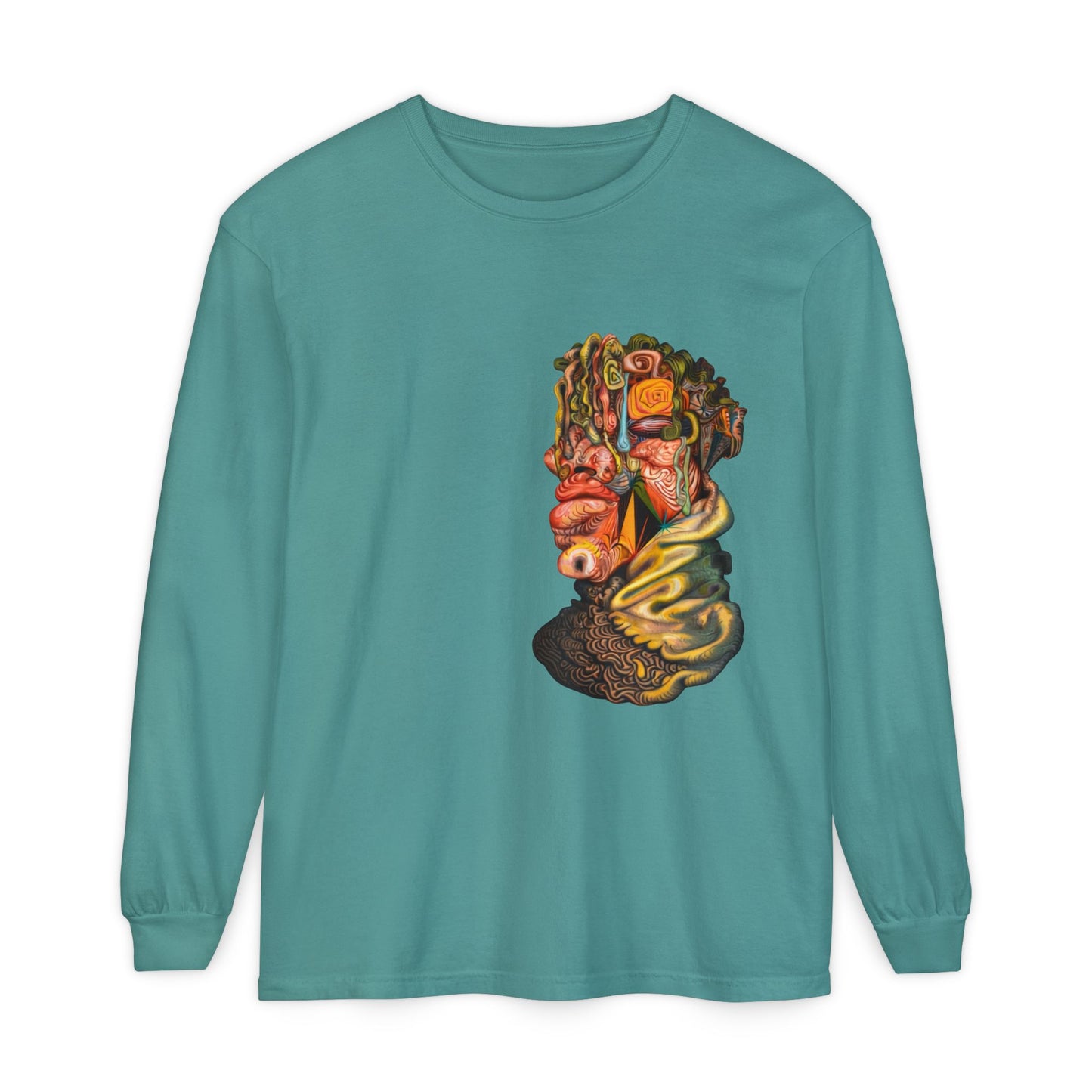 Mere Mortal Long Sleeve Tee — Surreal Collage Portrait Graphic