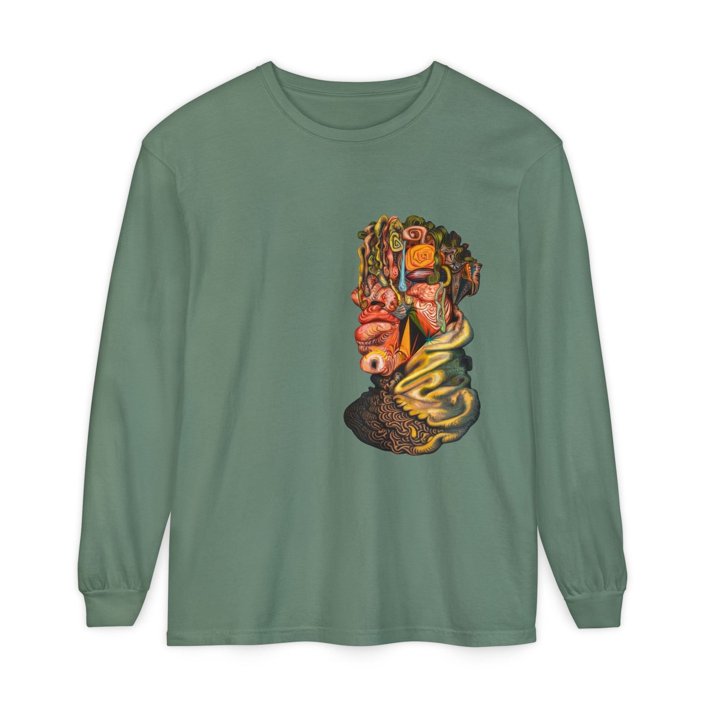 Mere Mortal Long Sleeve Tee — Surreal Collage Portrait Graphic
