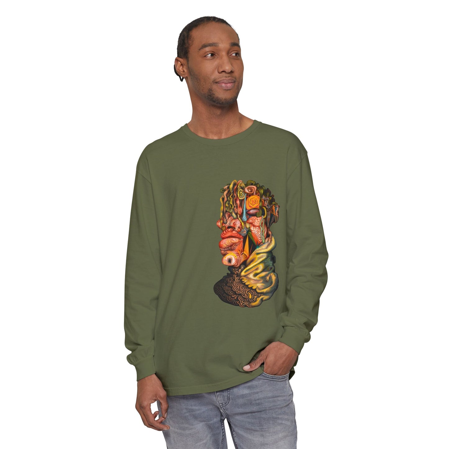Mere Mortal Long Sleeve Tee — Surreal Collage Portrait Graphic