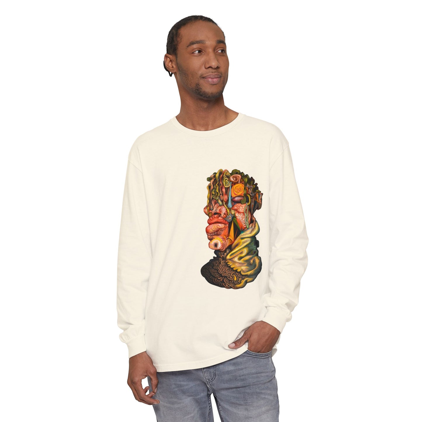 Mere Mortal Long Sleeve Tee — Surreal Collage Portrait Graphic
