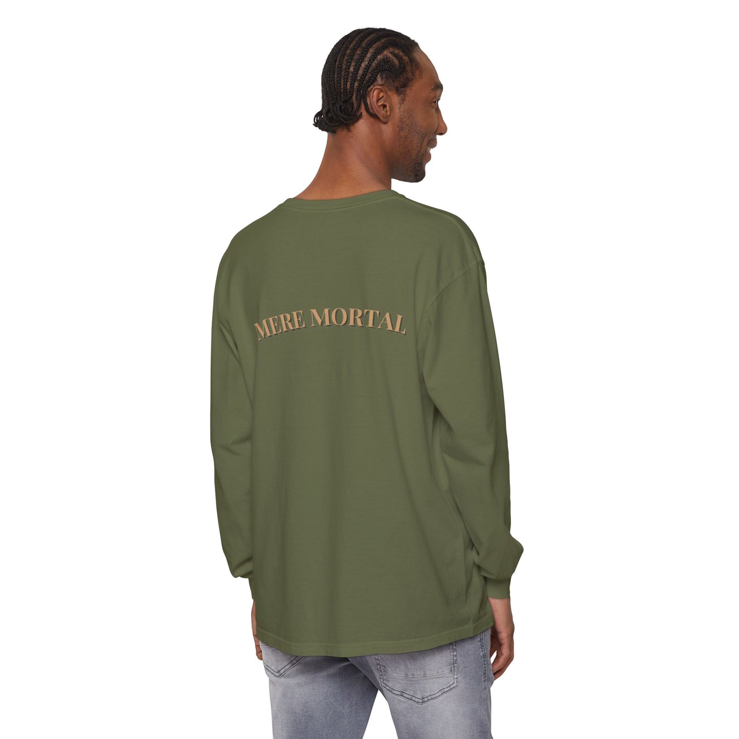 Mere Mortal Long Sleeve Tee — Surreal Collage Portrait Graphic