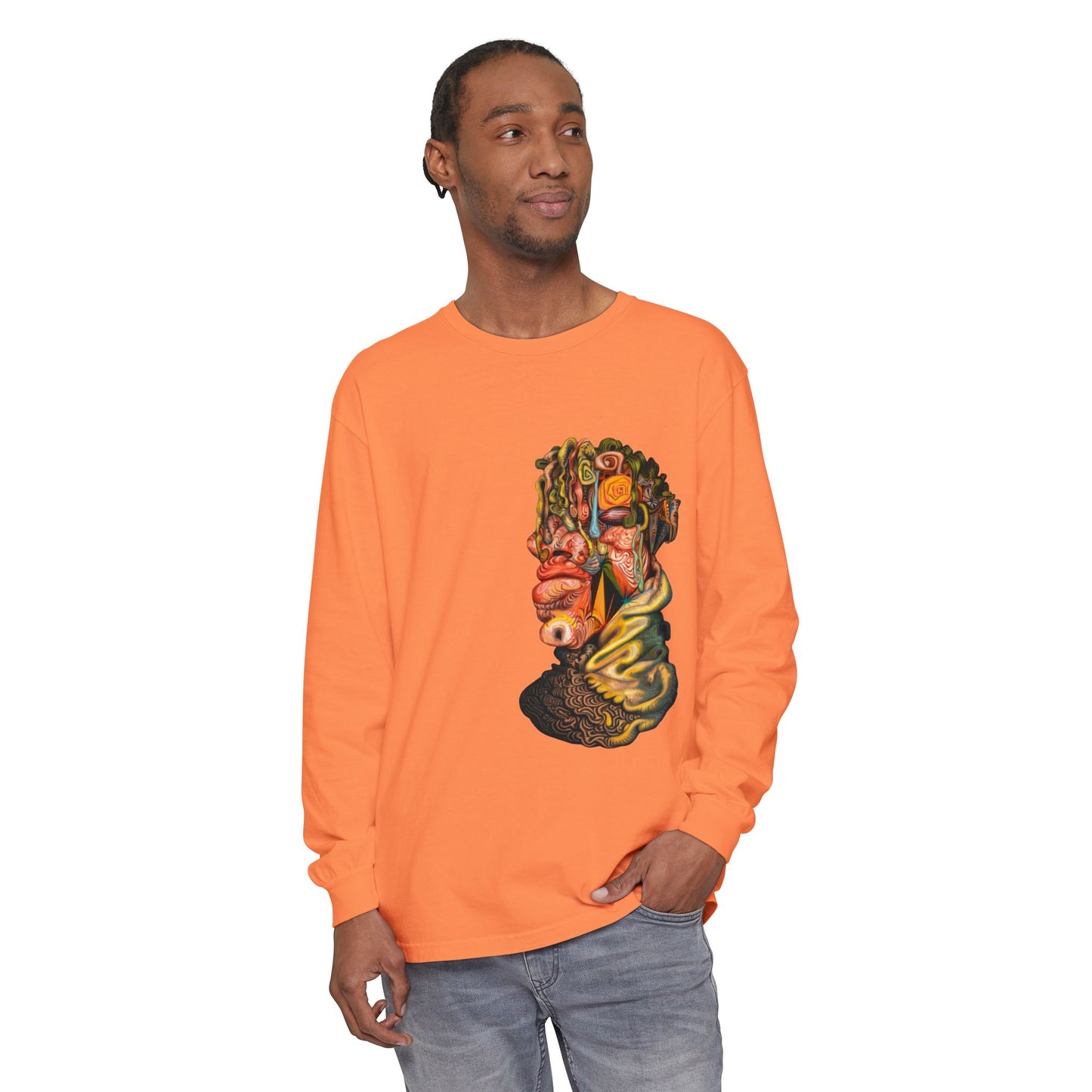 Mere Mortal Long Sleeve Tee — Surreal Collage Portrait Graphic