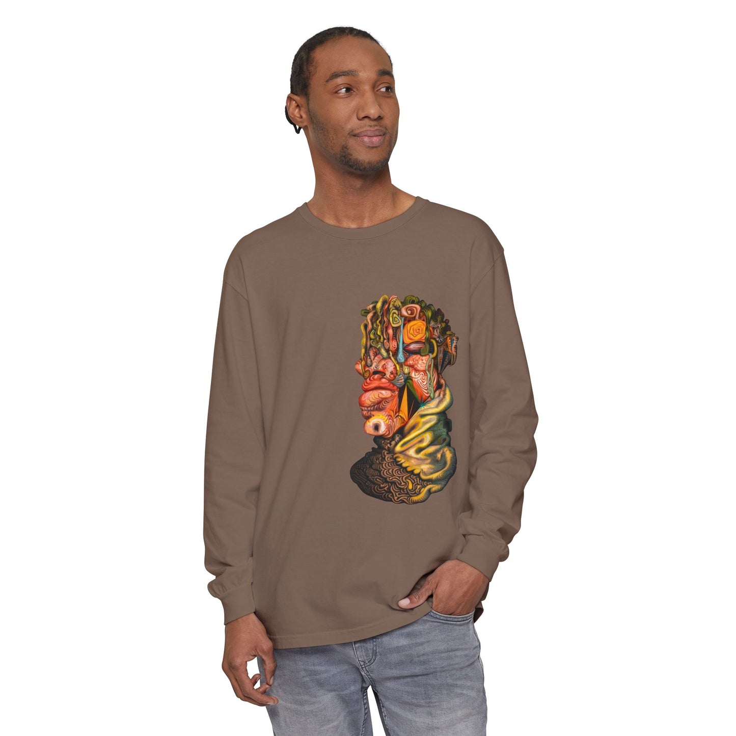 Mere Mortal Long Sleeve Tee — Surreal Collage Portrait Graphic