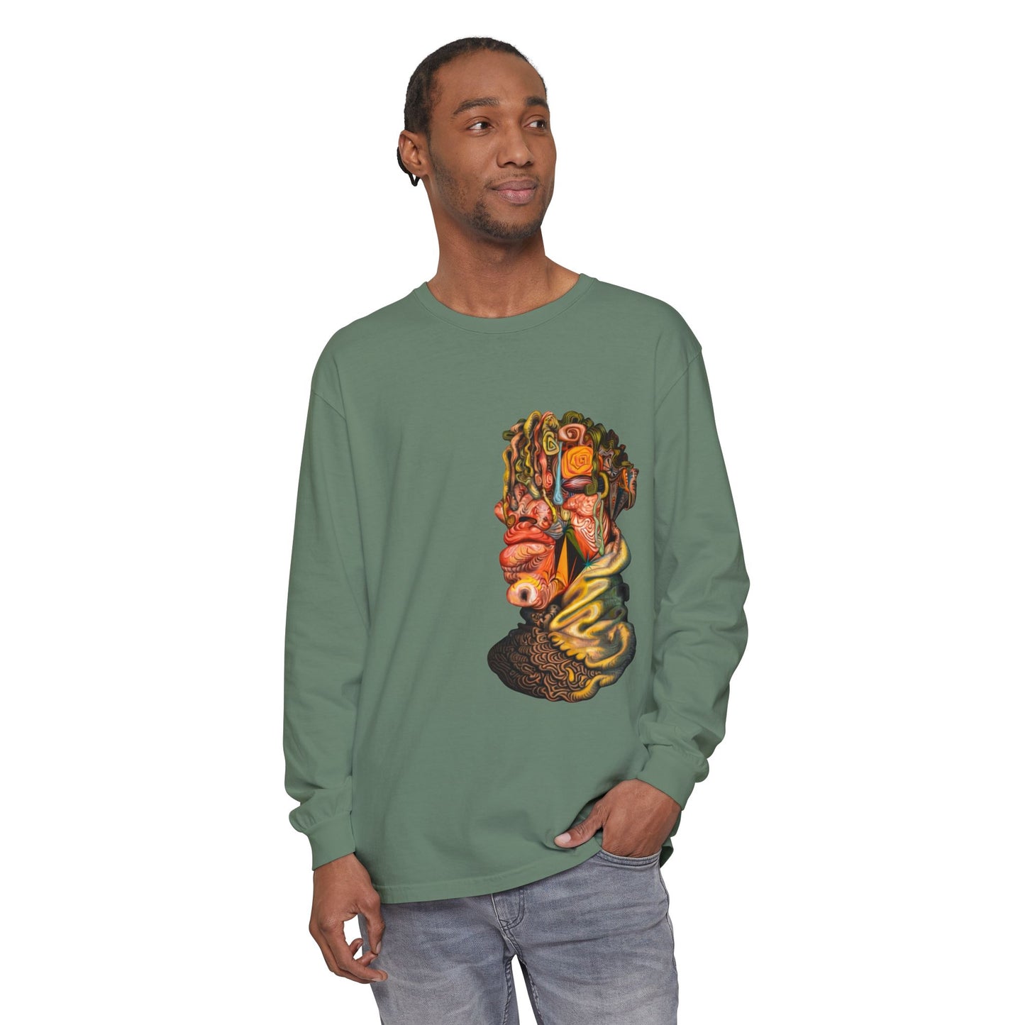 Mere Mortal Long Sleeve Tee — Surreal Collage Portrait Graphic