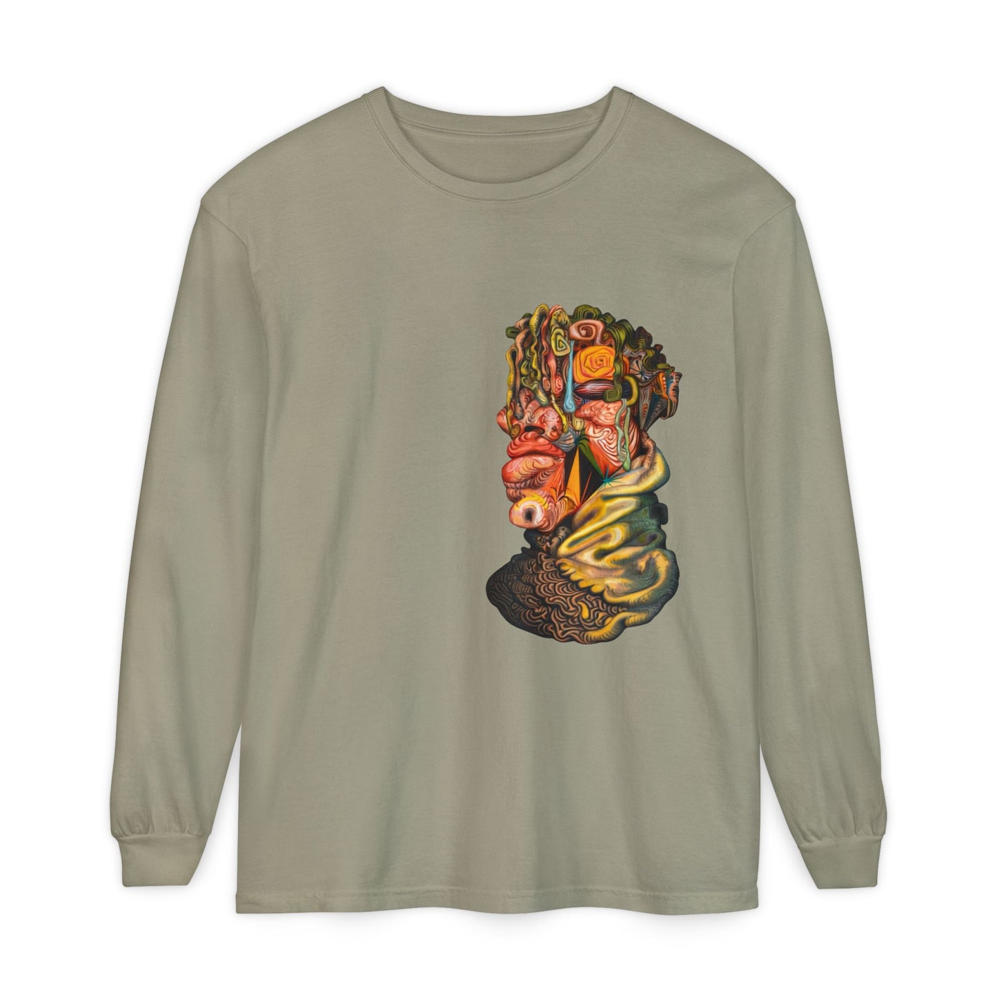 Mere Mortal Long Sleeve Tee — Surreal Collage Portrait Graphic