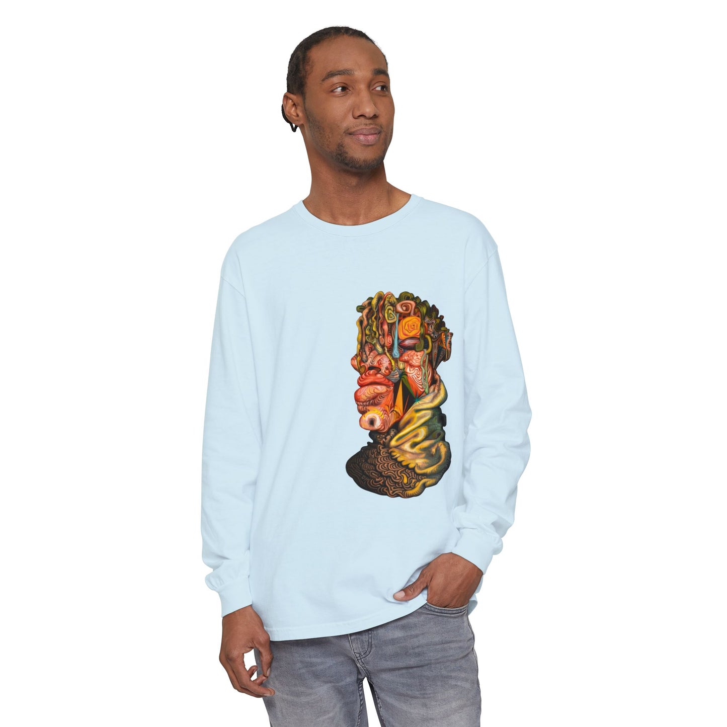 Mere Mortal Long Sleeve Tee — Surreal Collage Portrait Graphic